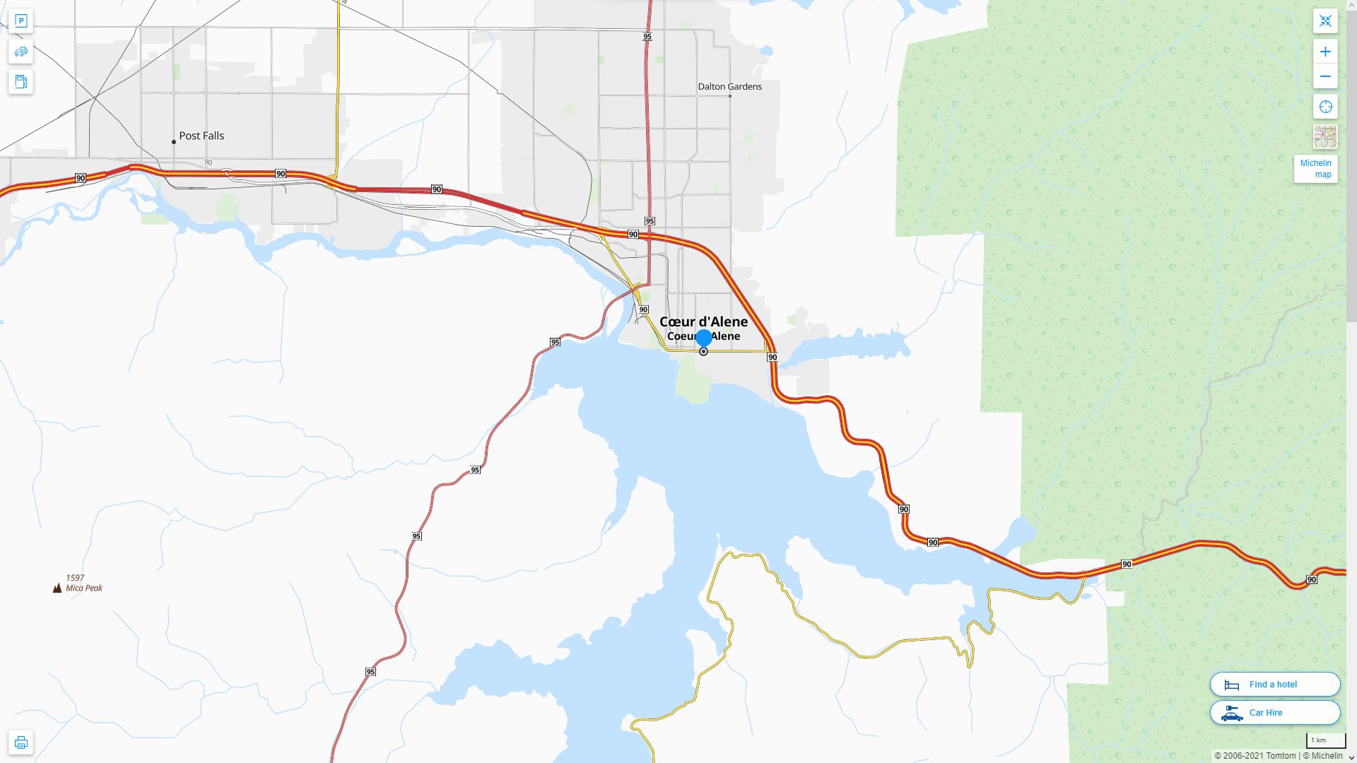 Coeur d'Alene idaho Highway and Road Map